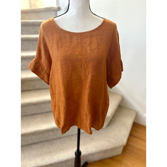 LinenLuv Rust Orange Brown Feather Embroidered Scoop Neck Short Sleeve Linen Top - Picture 1 of 7